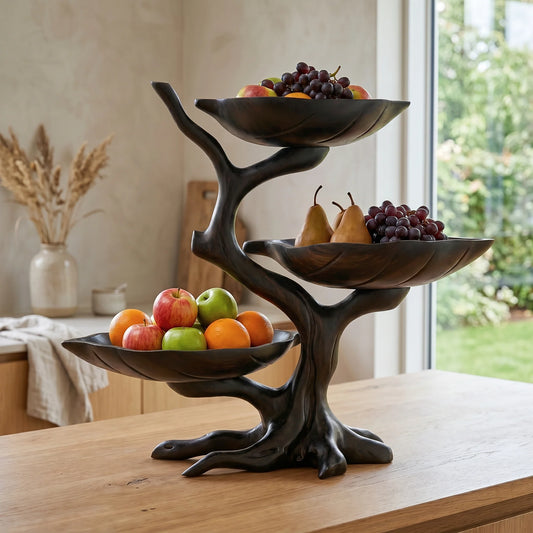 Solid Wood Three-Tier Fruit Display Bowl with Sculptural Branch Pedestal