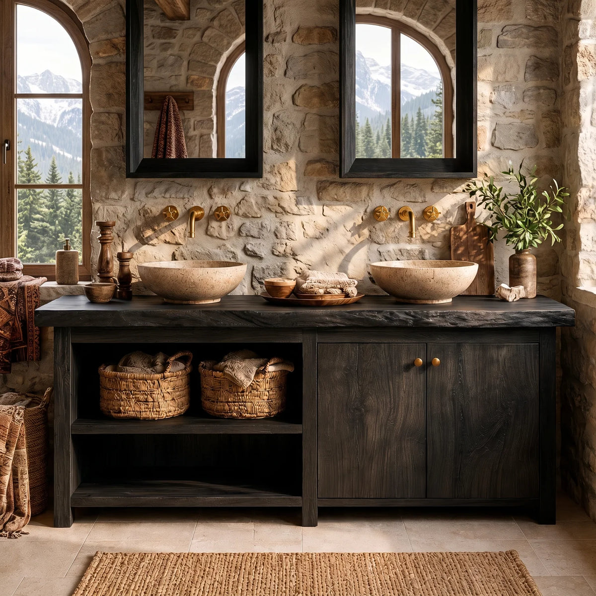 Solid Wood Double Bathroom Vanity – Rustic Wooden Vanity Cabinet for Modern Bathrooms