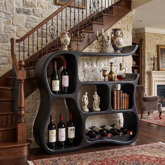 Solid Wood Wine Cabinet with Sculptural Curved Compartments for Home Bar Storage