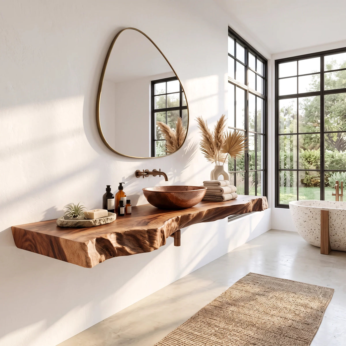 Solid Wood Floating Bathroom Vanity Shelf with Thick Live Edge Slab – Modern Wall-Mounted Wood Shelf