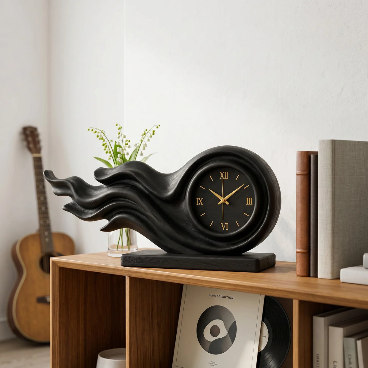 Handcrafted Solid Wood Wave Table Clock – Modern Sculptural Desk Clock for Home and Office