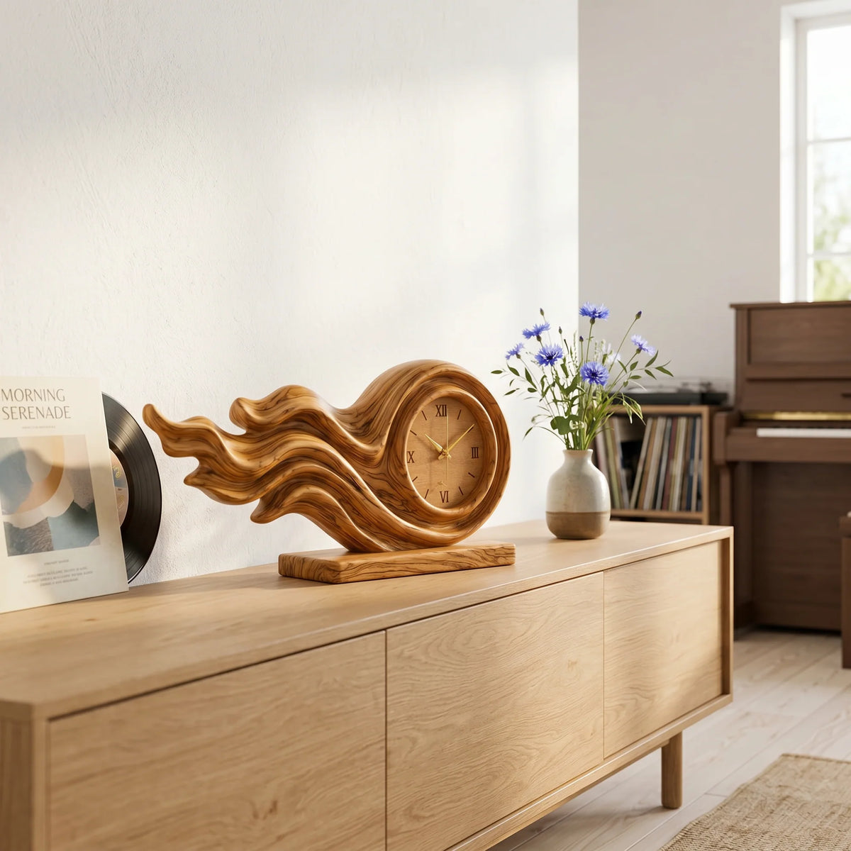 Handcrafted Solid Wood Wave Table Clock – Modern Sculptural Desk Clock for Home and Office