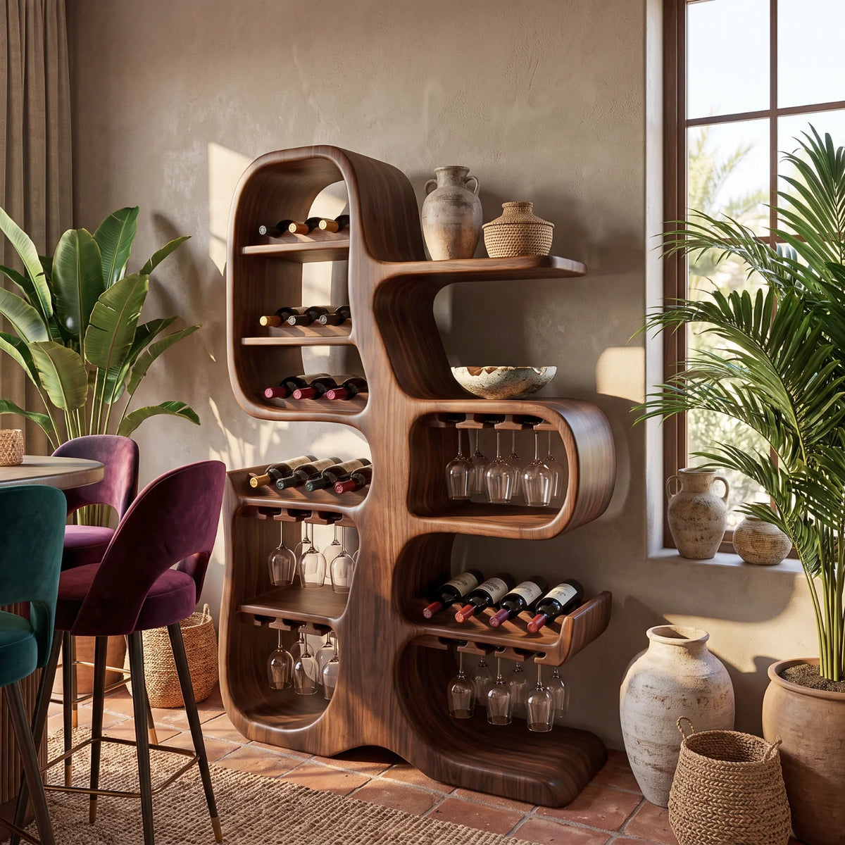 Solid Wood Wine Cabinet with Sculptural Tree-Inspired Design