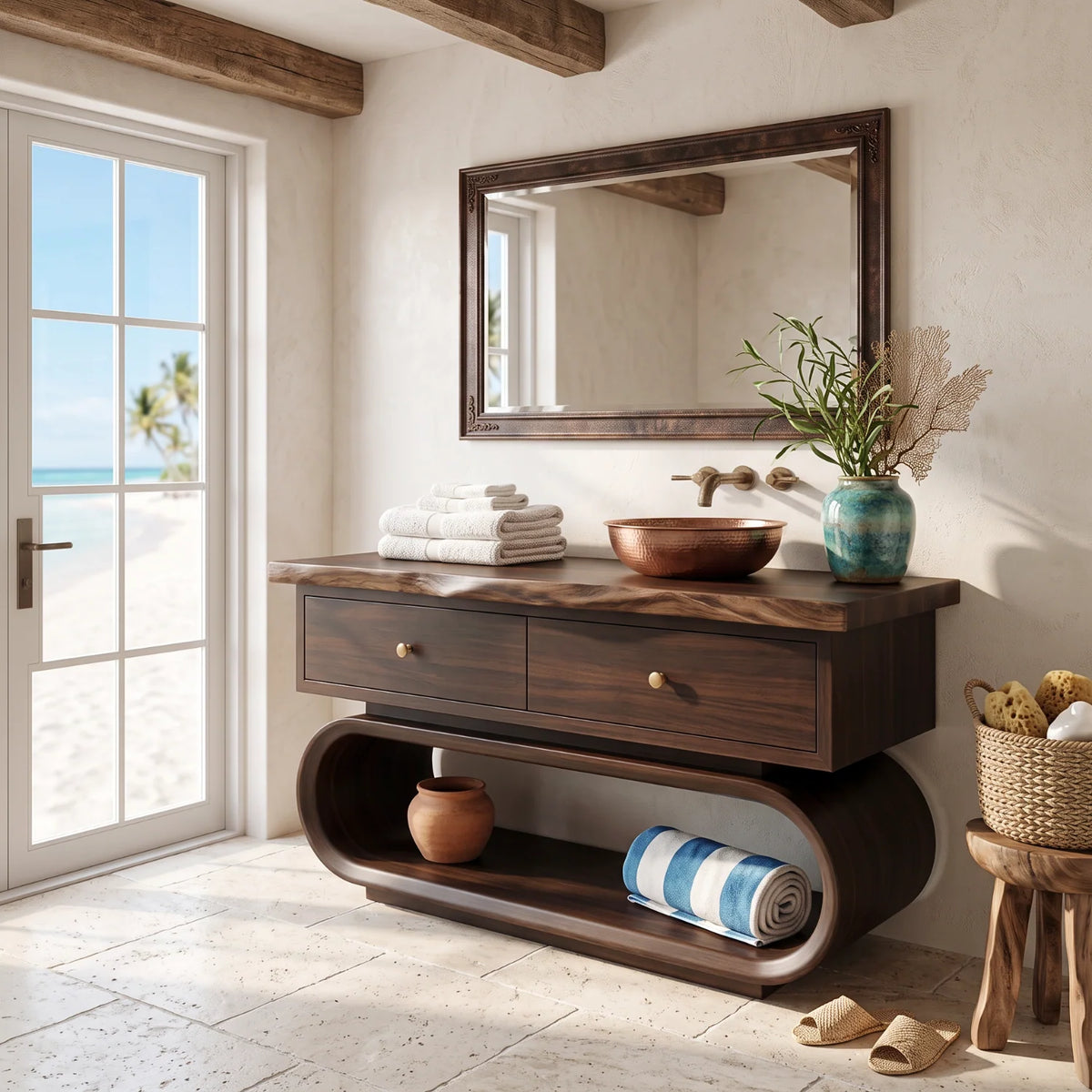 Solid Wood Bathroom Vanity with Sculptural Loop Frame Base and Drawer Storage