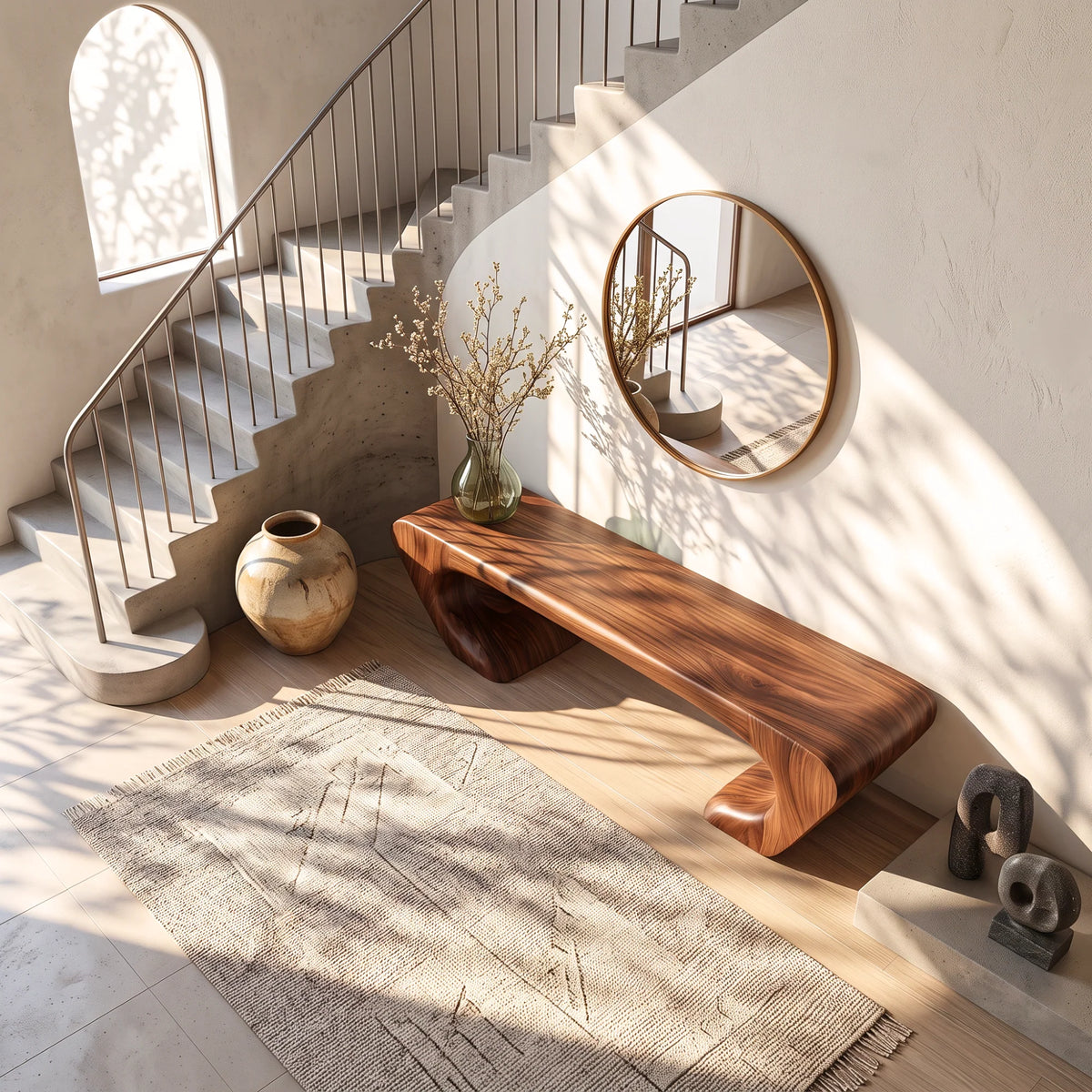 Organic Balance – Solid Wood Bench with Sculptural Asymmetrical Base and Flowing Seat