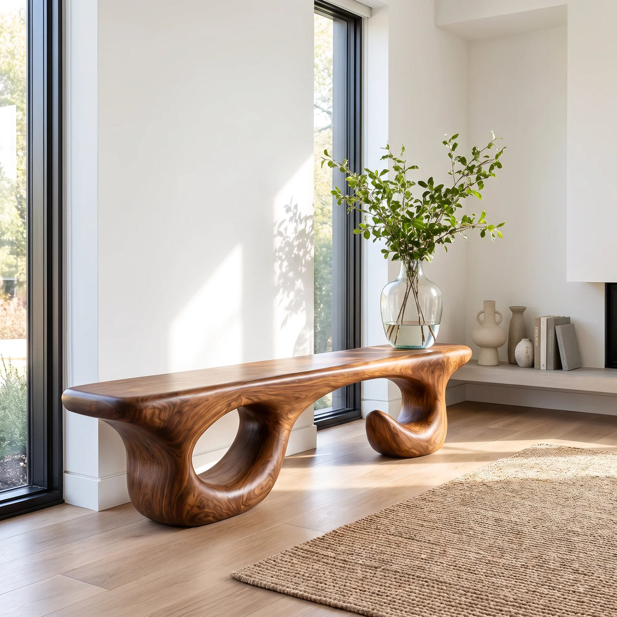 Sculptural Solid Wood Bench with Open Loop Base and Flowing Live Edge Seat