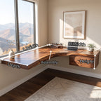 Solid Wood Floating Corner Desk with Live Edge Top and Built-In Drawer – Modern Home Office Desk