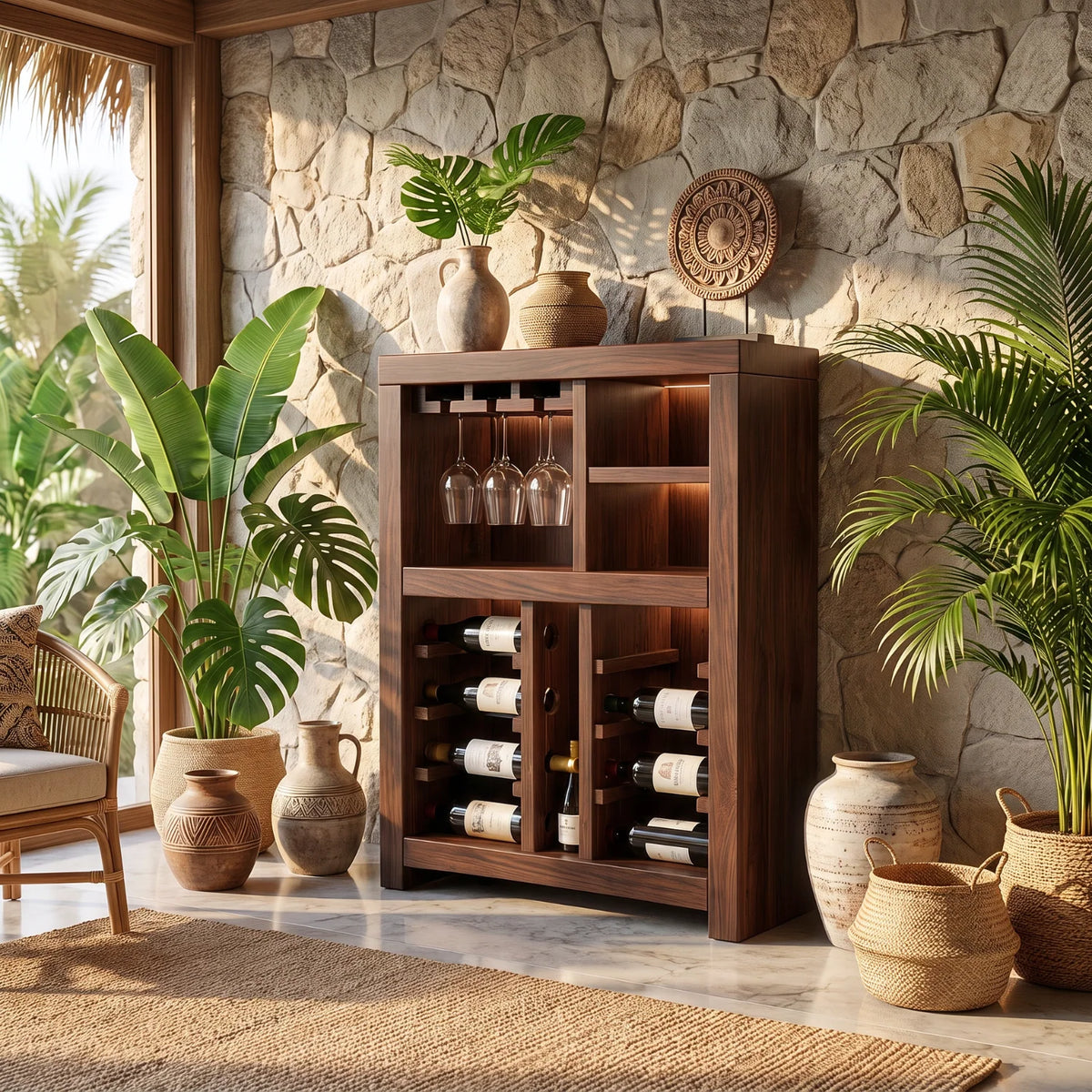 Solid Wood Wine Cabinet with Bottle Racks and Stemware Storage