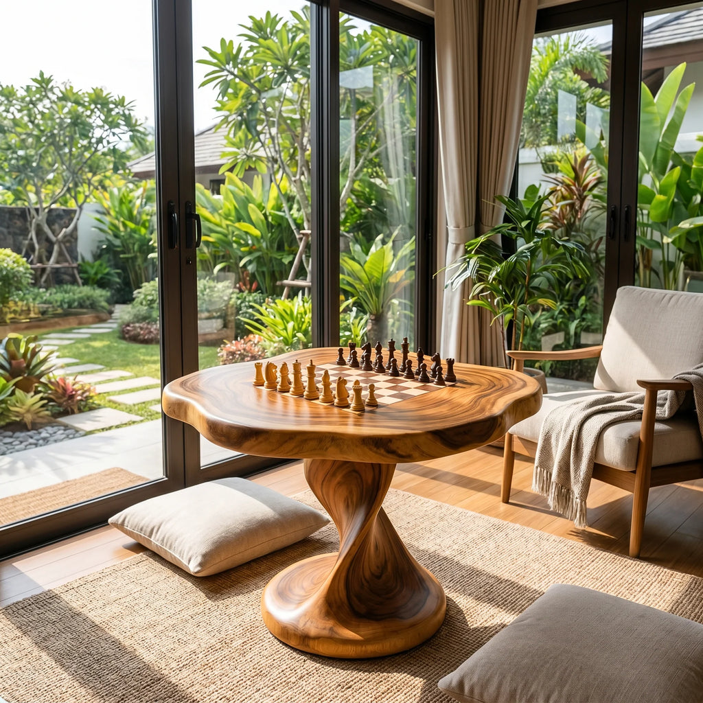 Handcrafted Solid Wood Chess Table with Pedestal Base