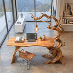 Sculptural Twisted Tree Wood Desk with Hanging Lamp
