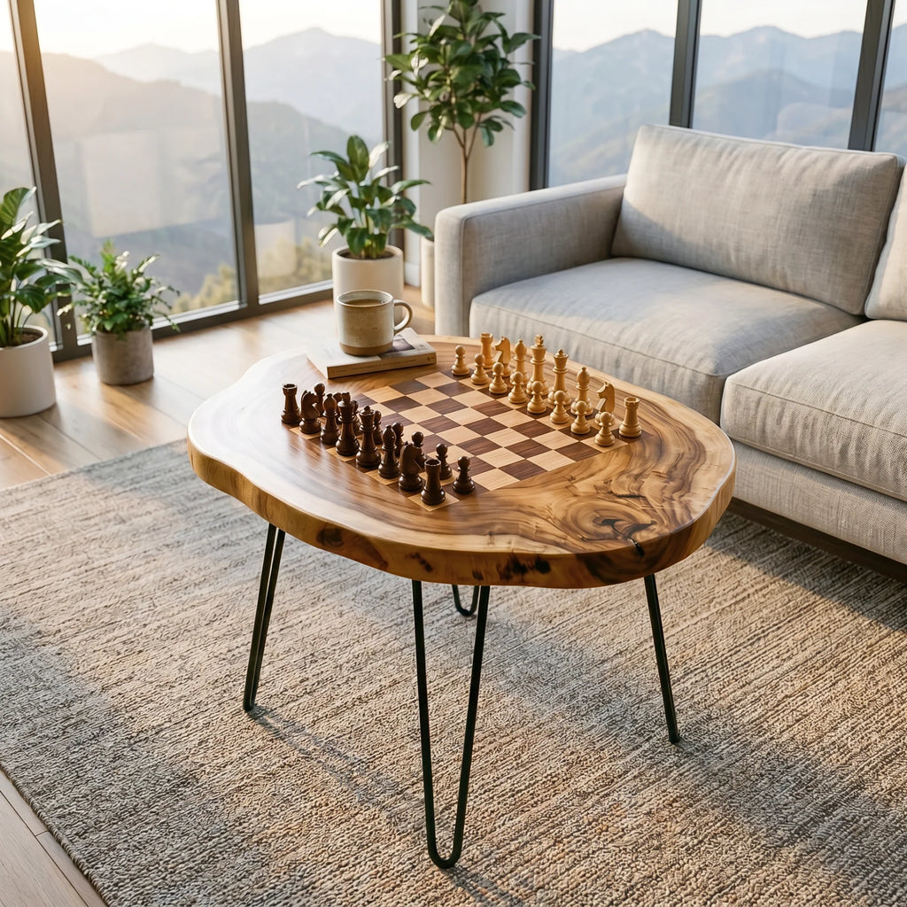 Organic Slab Top Chess Coffee Table with Hairpin Legs