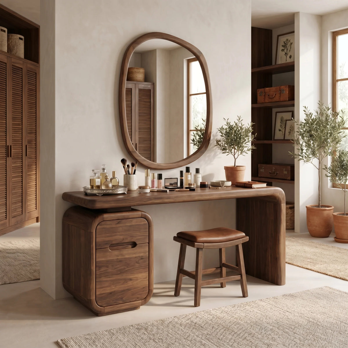 Modern Solid Wood Vanity Desk with Rounded Pedestal and Waterfall Side Design