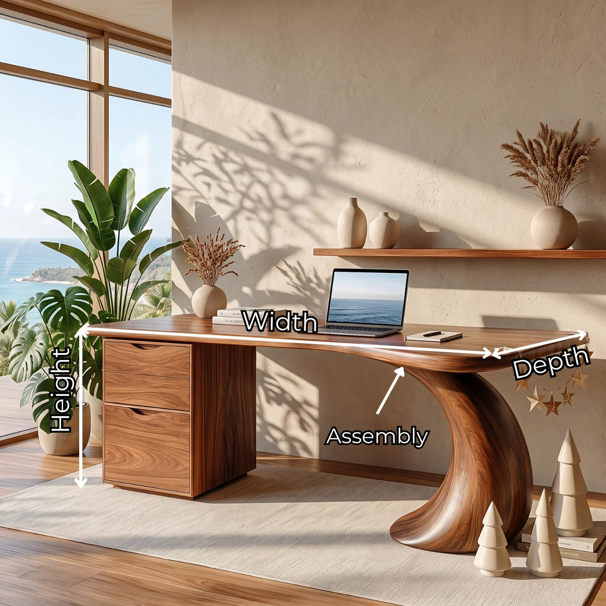 Organic Solid Wood Desk with Curved Leg and Two Drawers