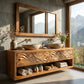 Solid Wood Double Bathroom Vanity Cabinet with Carved Wave Front and Open Storage Shelf