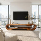 Curved Solid Wood TV Stand with Open Display Shelves