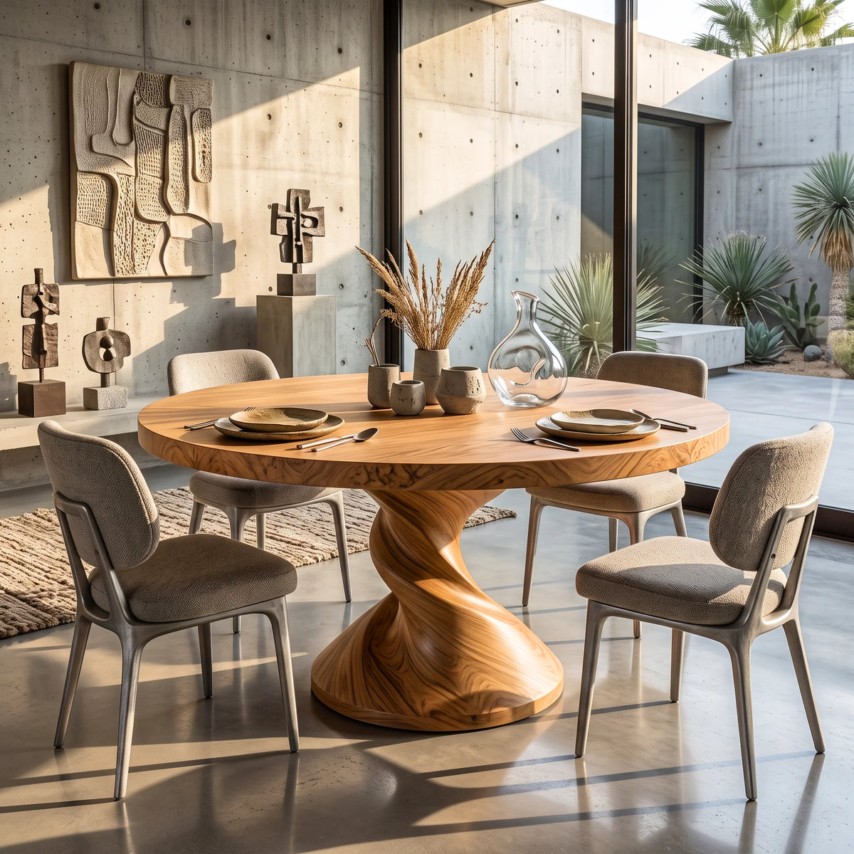 Round Solid Wood Dining Table with Sculptural Twisted Pedestal Base