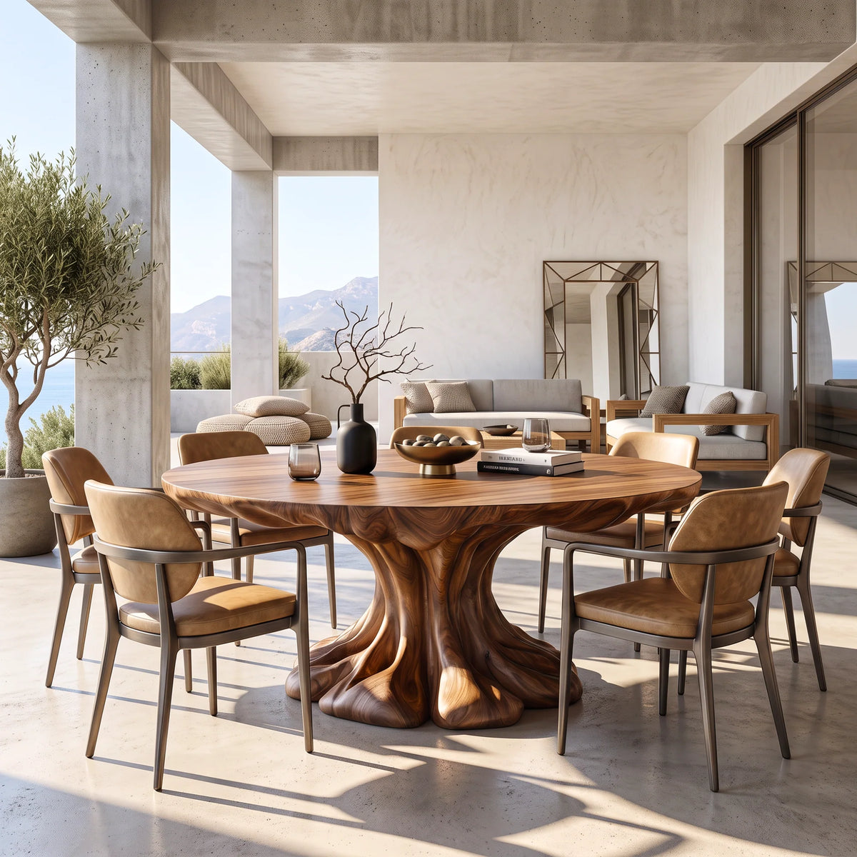 Organic Solid Wood Dining Table with Sculptural Flowing Pedestal Base