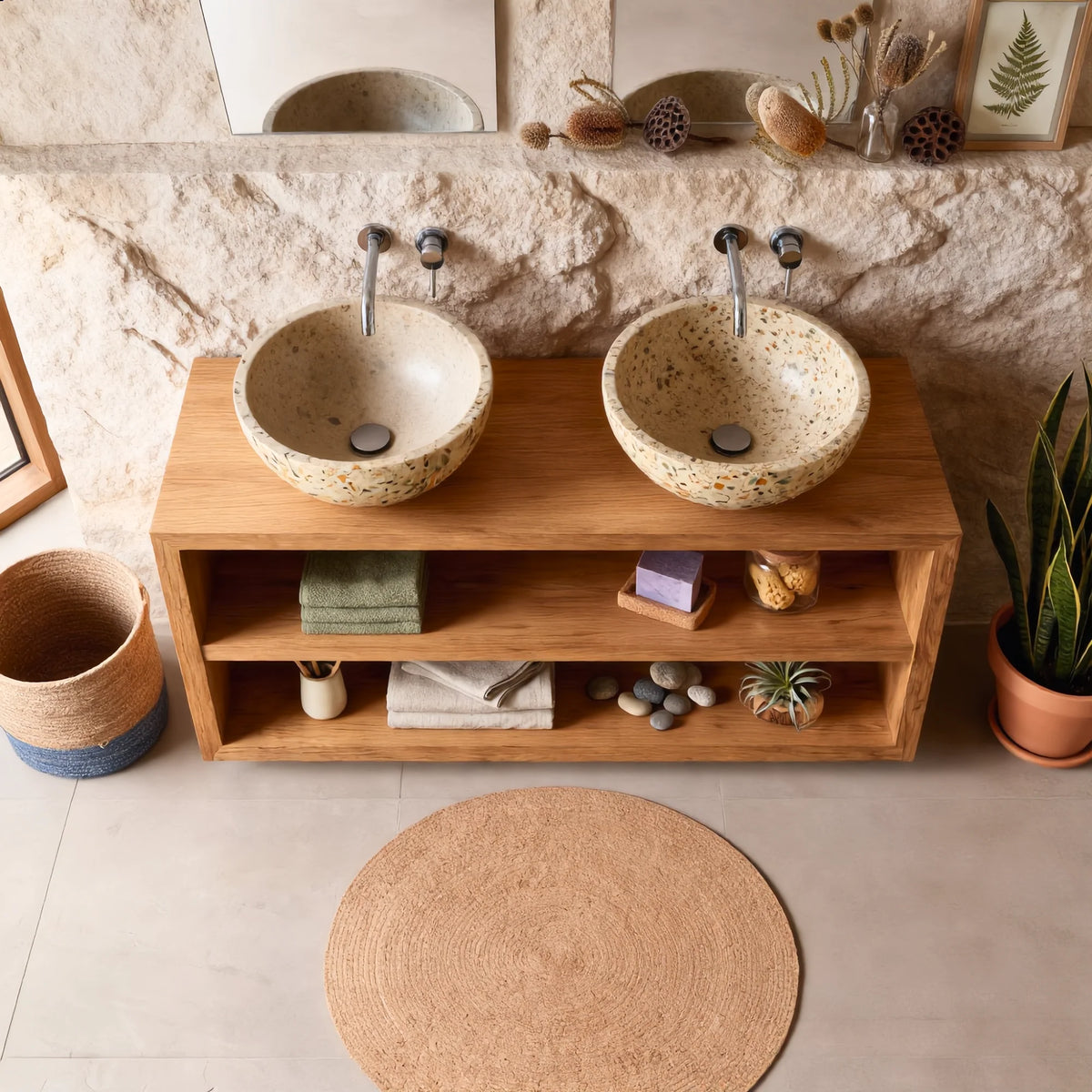 Solid Wood Double Bathroom Vanity with Open Shelf Storage – Modern Wooden Vanity Cabinet