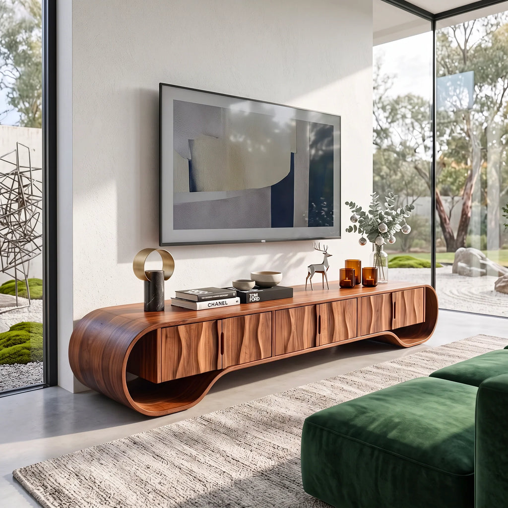 Sculptural Solid Wood TV Stand with Oval Frame and Natural-Grain Doors