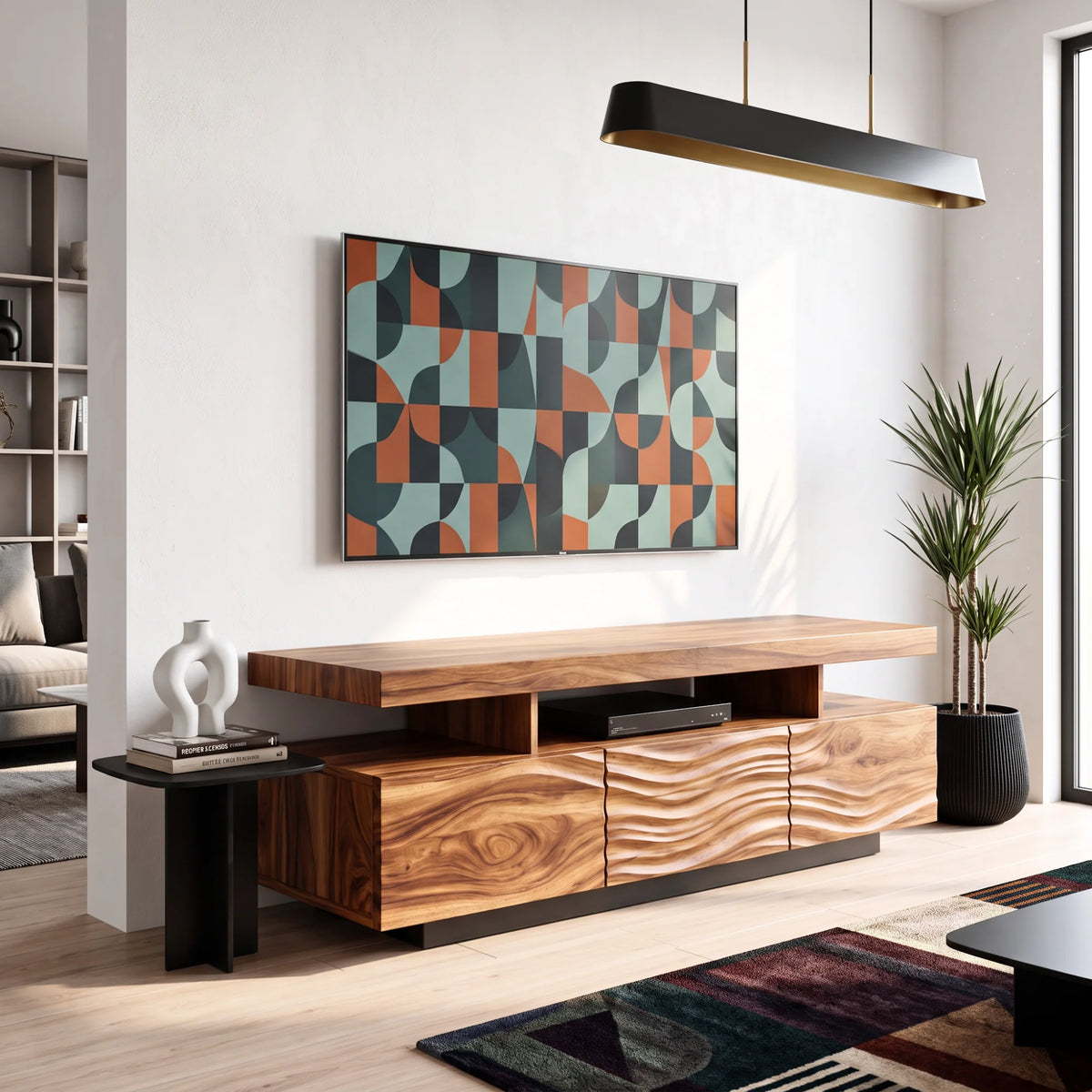 Solid Wood TV Console with Floating Top and Sculpted Wave-Front Cabinet