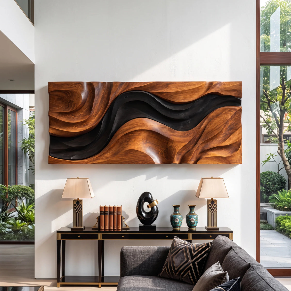 Abstract Wooden Wall Sculpture with Flowing Natural Wood and Black Layers