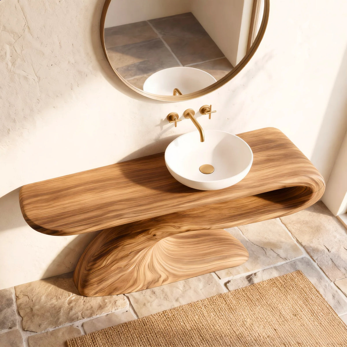 Modern Solid Wood Bathroom Vanity with Sculptural Curved Open Shelf