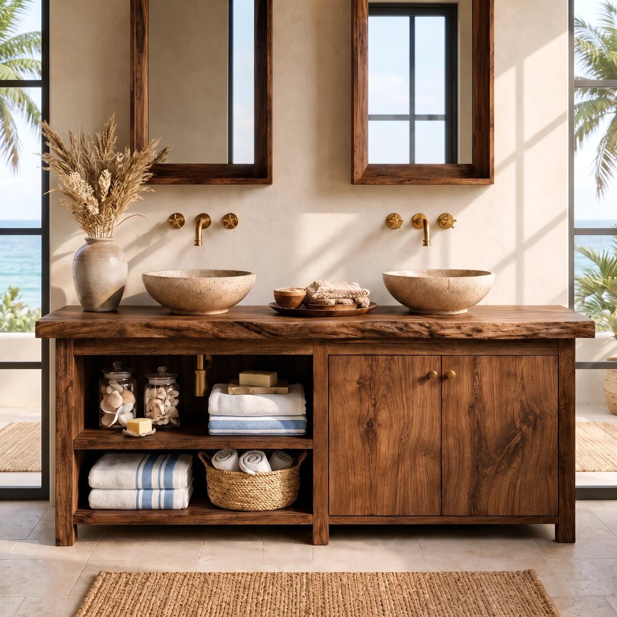 Solid Wood Double Bathroom Vanity – Rustic Wooden Vanity Cabinet for Modern Bathrooms