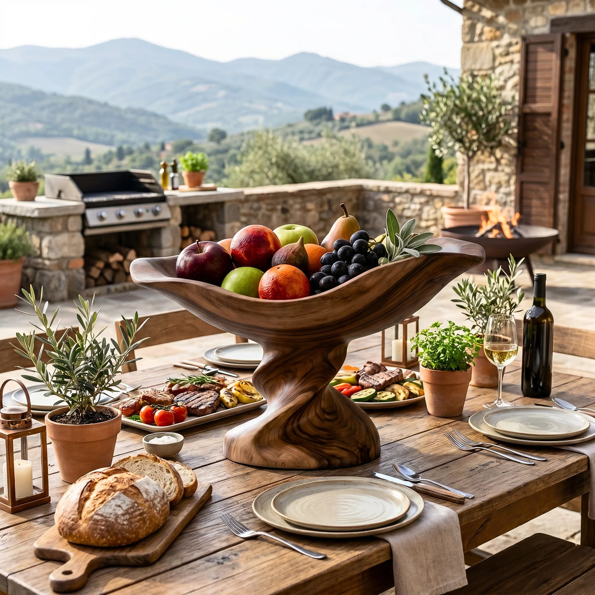 Solid Wood Boat-Shaped Fruit Bowl with Sculptural Raised Pedestal Base
