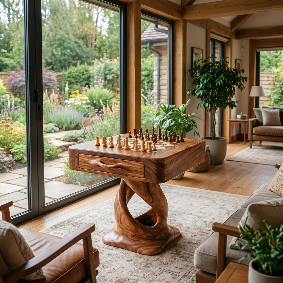 Solid Wood Chess Table with Drawer and Sculptural Pedestal