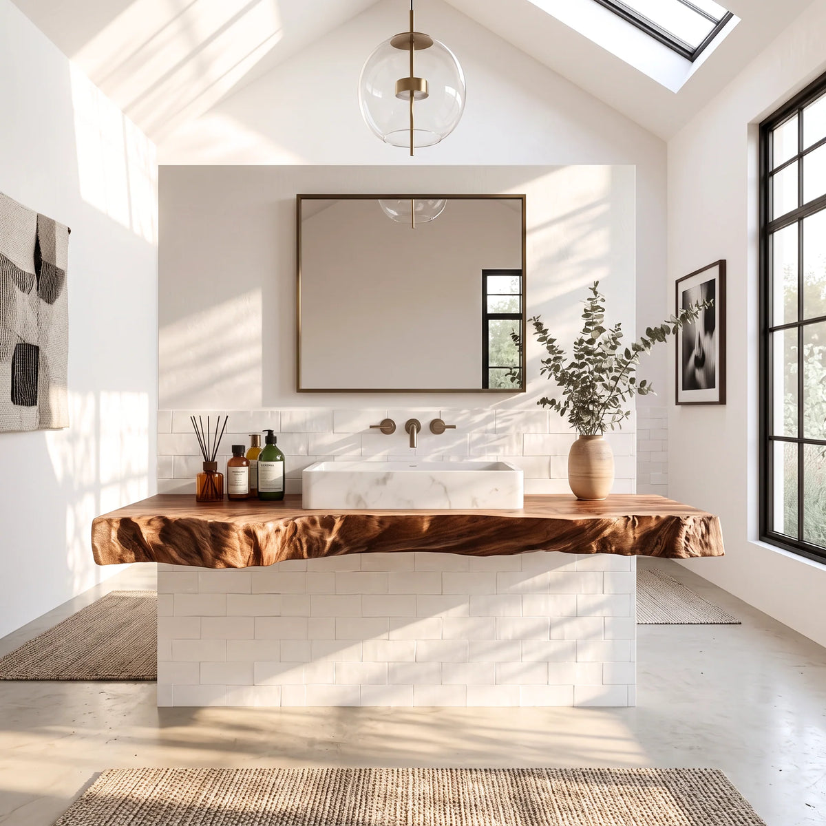 Solid Wood Floating Bathroom Vanity Shelf with Thick Live Edge Slab – Modern Wall-Mounted Wood Shelf