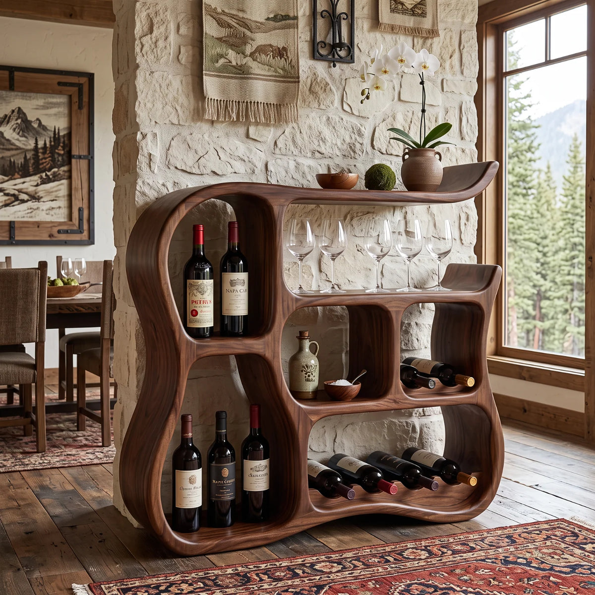 Solid Wood Wine Cabinet with Sculptural Curved Compartments for Home Bar Storage
