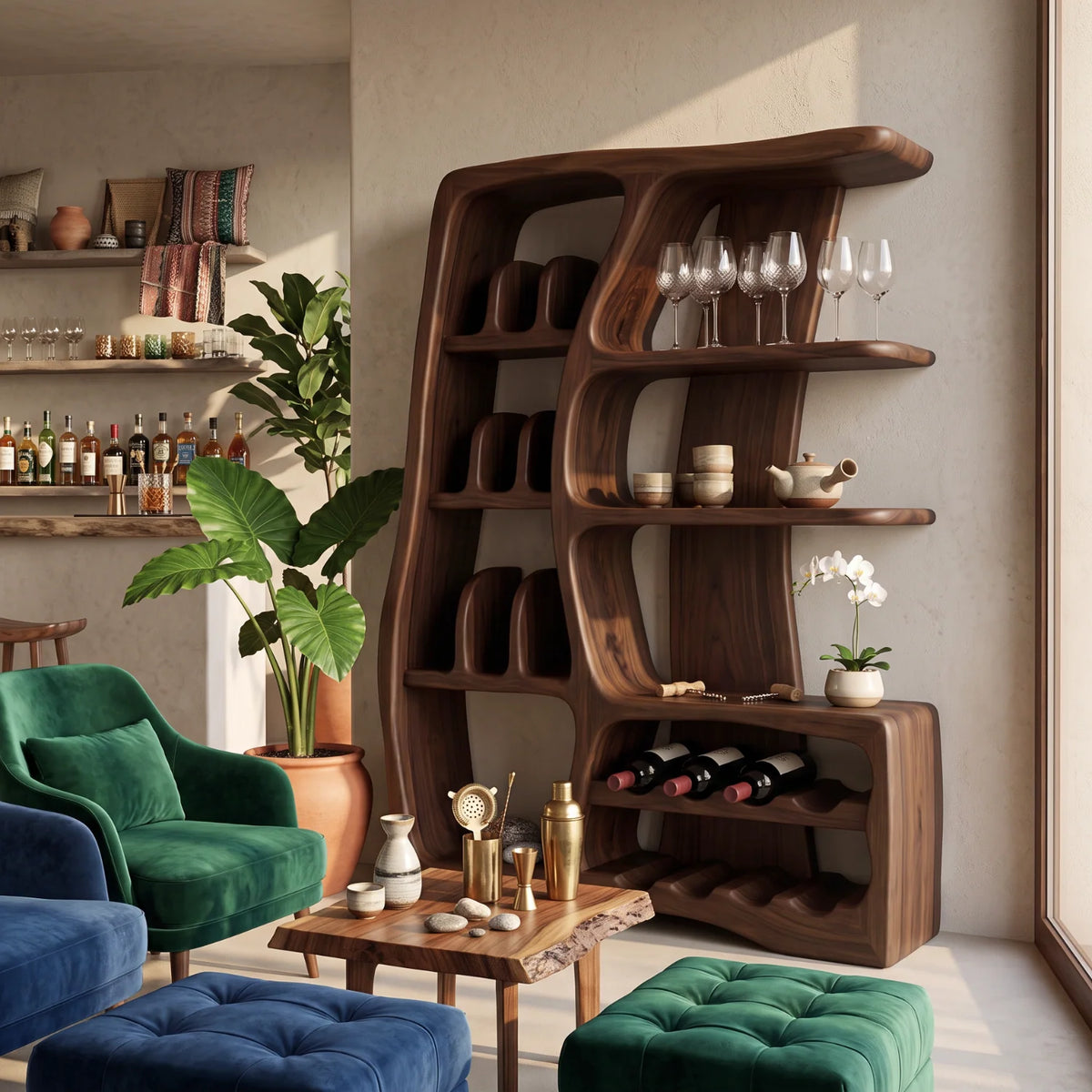Solid Wood Wine Cabinet with Sculptural Open Shelves and Integrated Bottle Rack