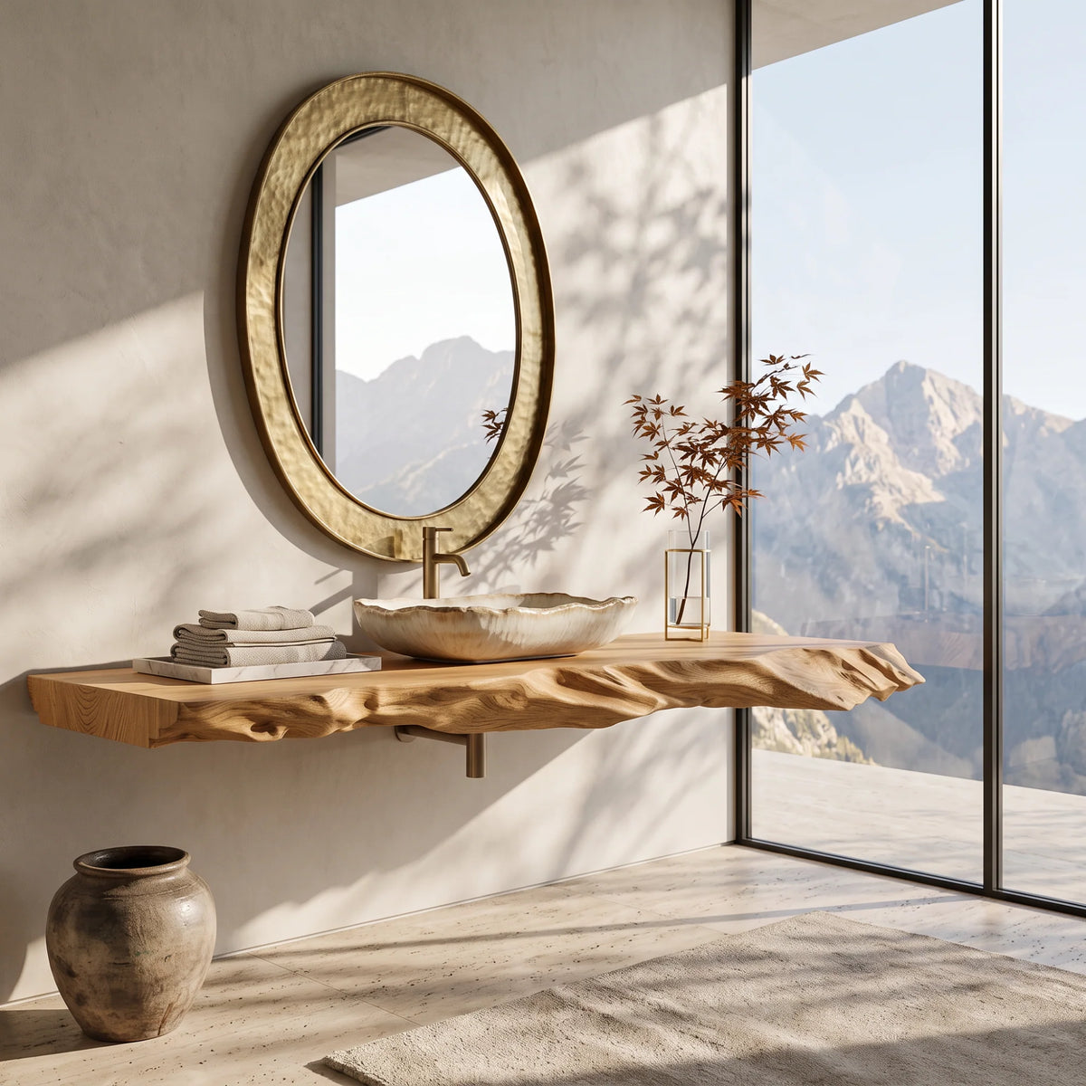 Solid Wood Floating Bathroom Vanity Shelf with Sculptural Live Edge – Modern Organic Wall Shelf