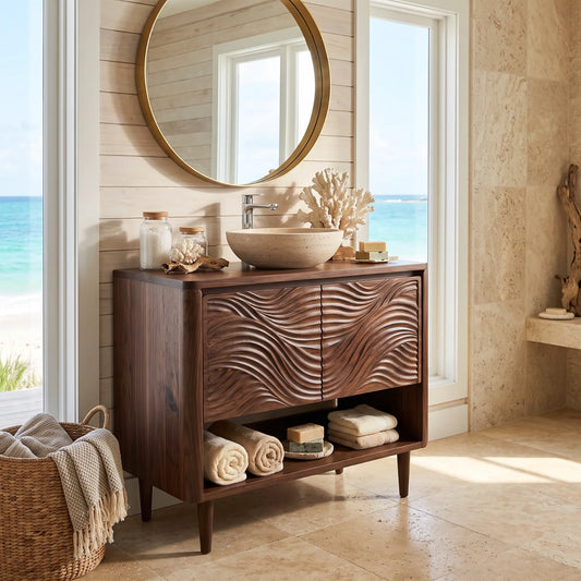 Solid Wood Bathroom Vanity with Carved Ripple Cabinet and Open Shelf for Powder Rooms