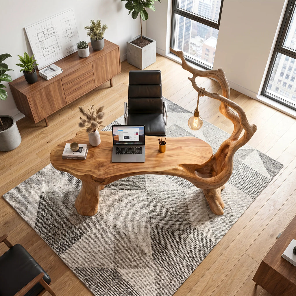 Sculptural Solid Wood Desk with Integrated Hanging Lamp – Artistic Modern Workspace Furniture
