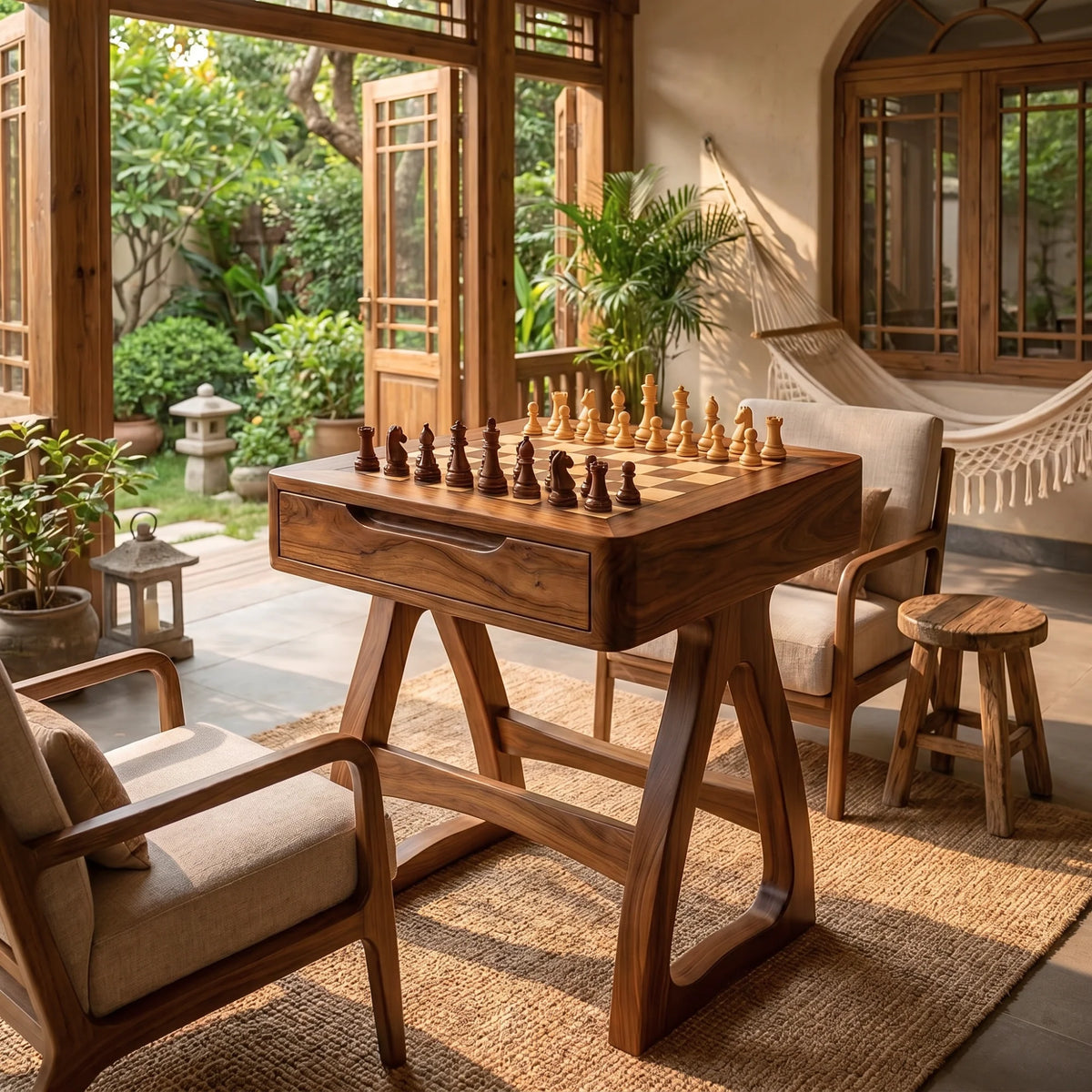 Sculptural Solid Wood Chess Table with Storage Drawer