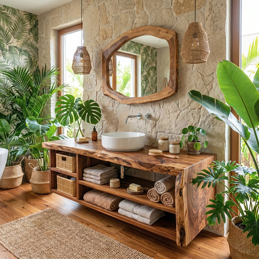 Solid Wood Bathroom Vanity with Open Storage and Vessel Sink – Modern Wooden Bathroom Cabinet