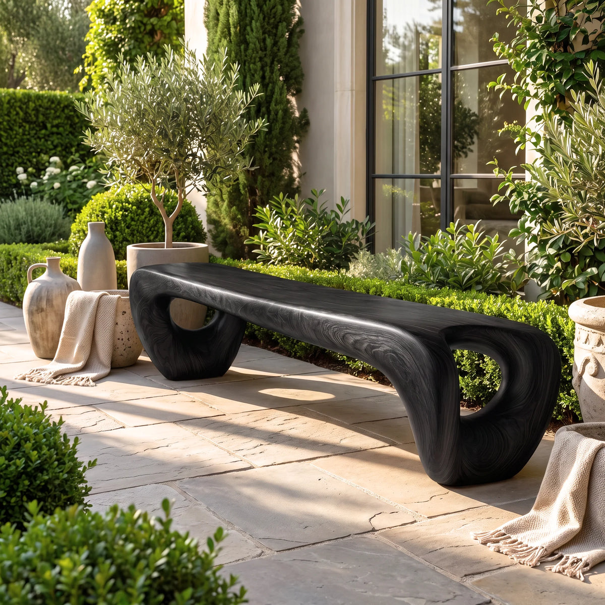 Sculptural Solid Wood Bench with Loop Legs and Flowing Live Edge Seat