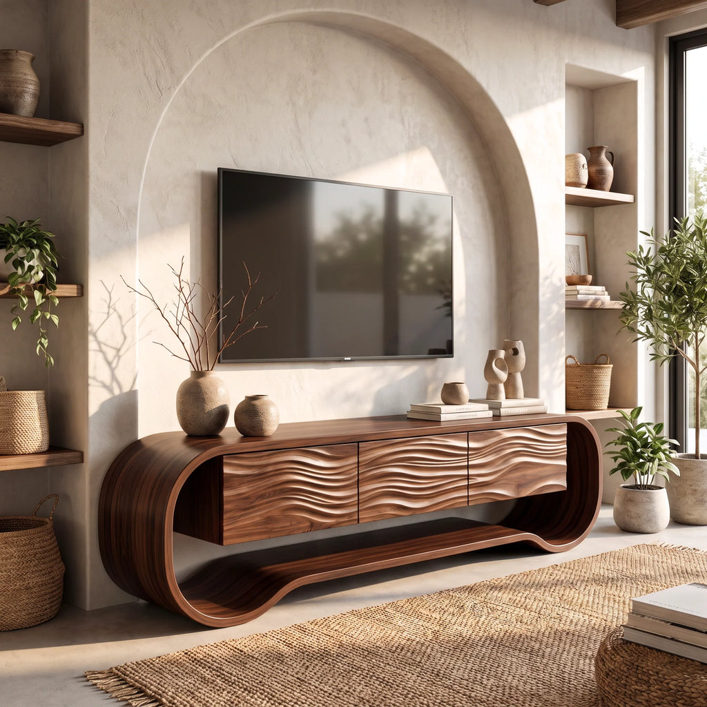 Sculptural Ribbon-Frame Solid Wood TV Console with Wave-Carved Doors