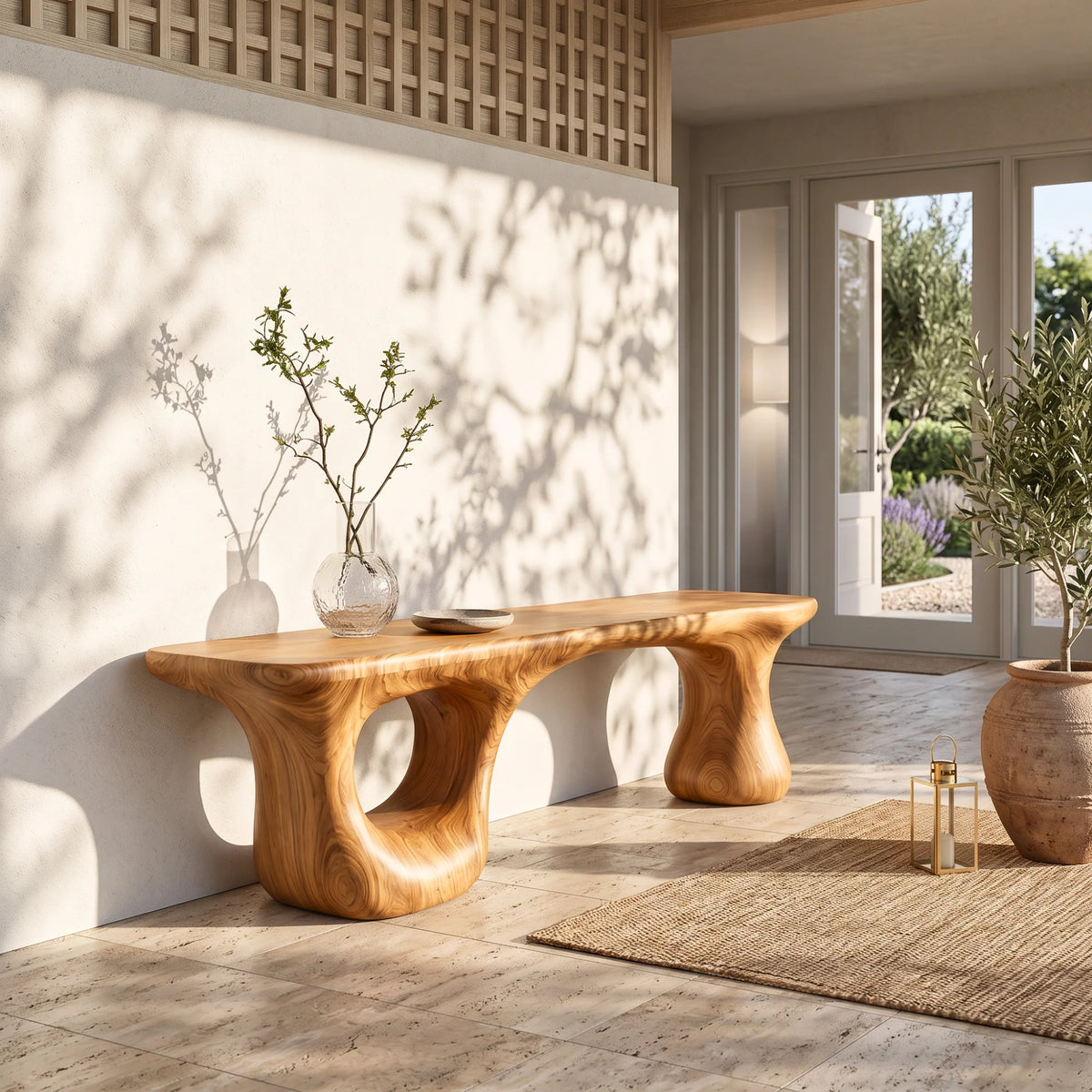 Sculptural Loop – Solid Wood Bench with Pedestal Base and Flowing Live Edge Seat