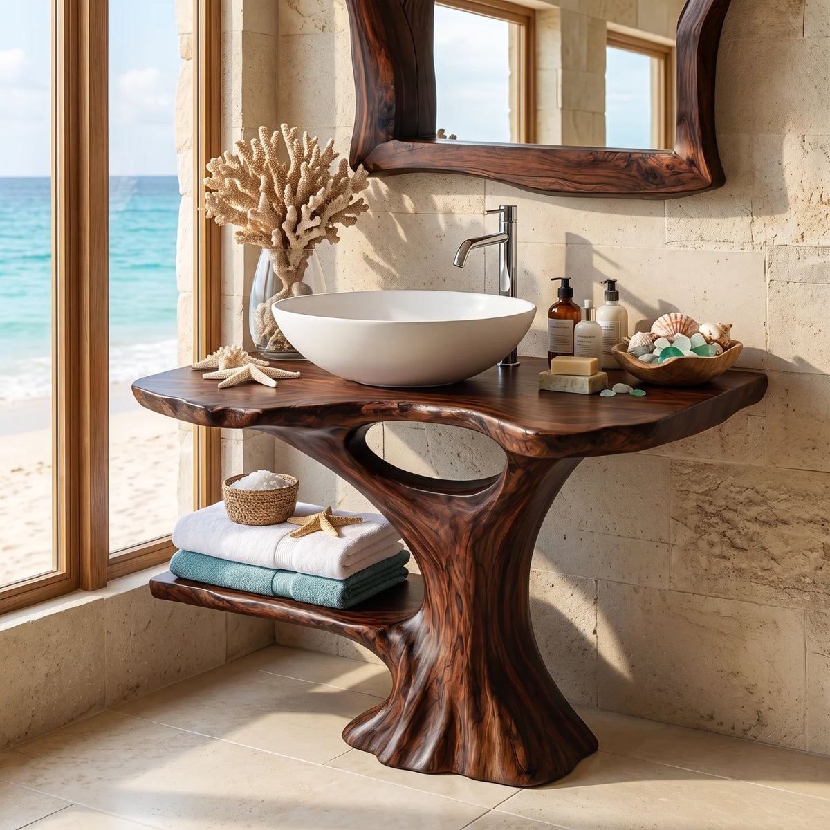 Solid Wood Bathroom Vanity with Organic Trunk Pedestal and Side Shelf Storage