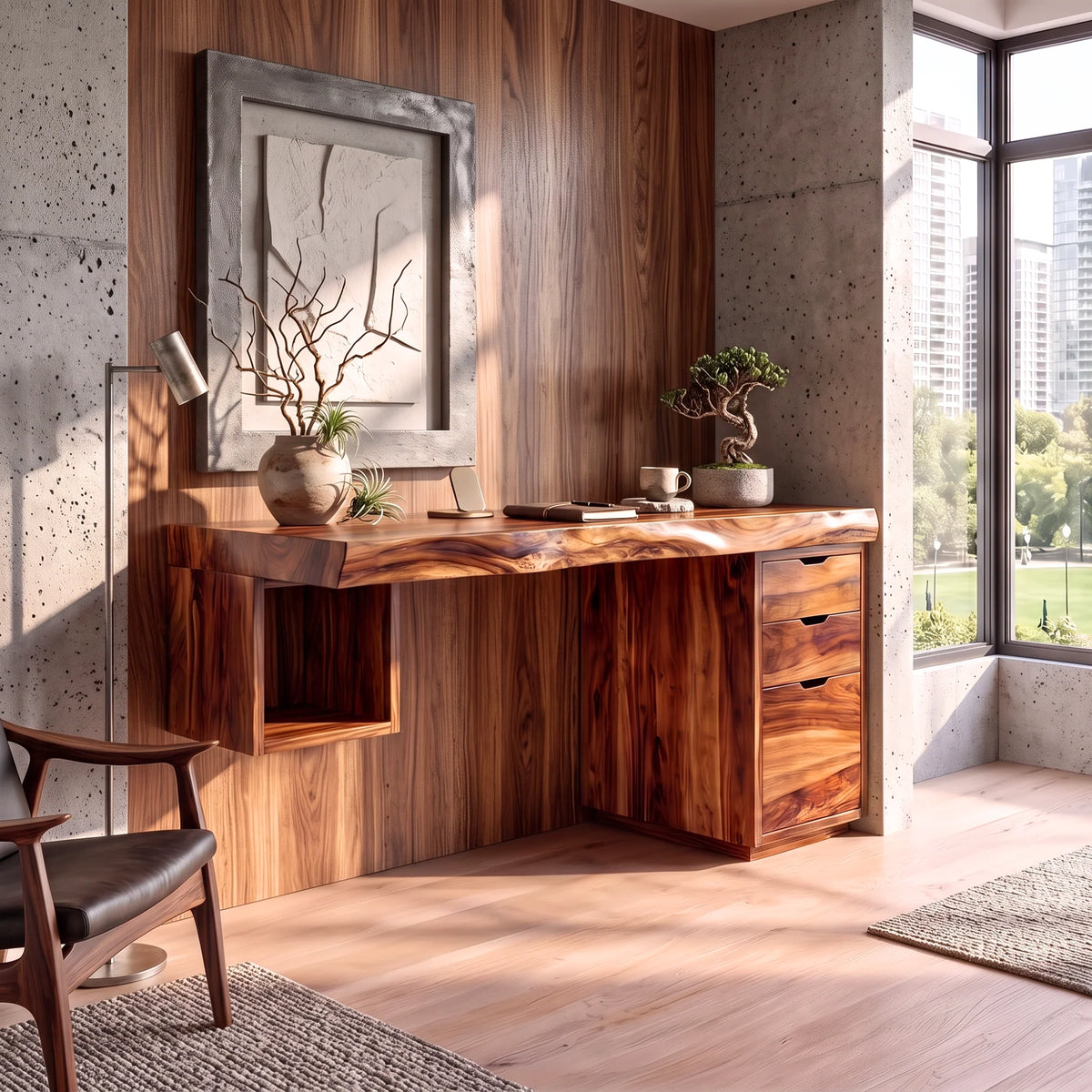 Solid Wood Desk with Drawers and Open Shelf