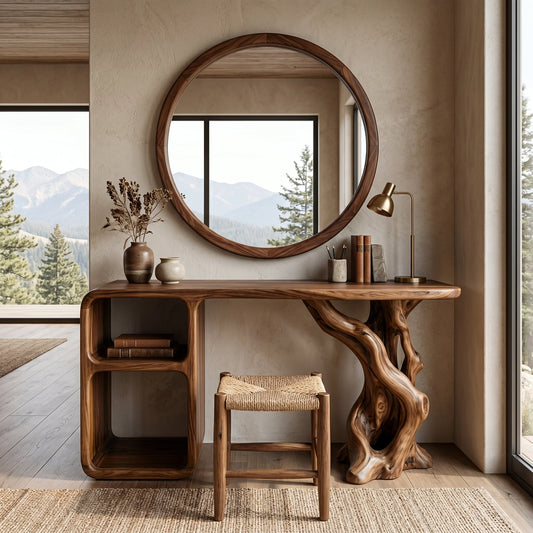 Sculptural Solid Wood Vanity Table with Organic Carved Base and Open Shelf