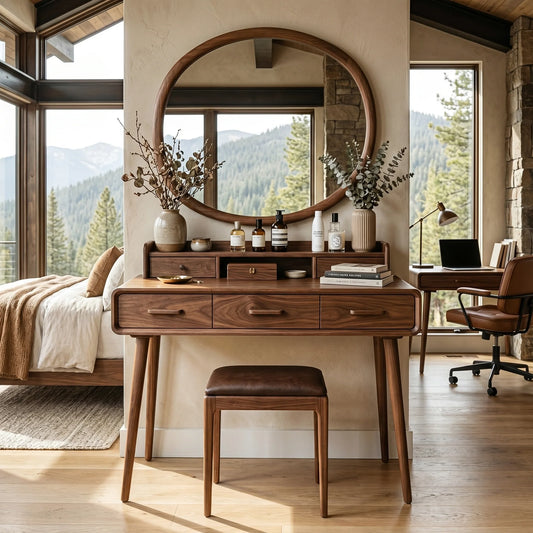 Solid Wood Makeup Vanity Table with Organizer Hutch and Spacious Storage Drawers