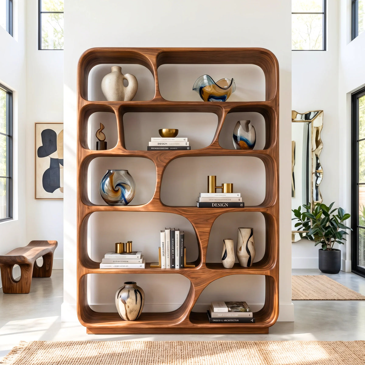 Organic Grid – Rounded Solid Wood Bookcase with Open Display Compartments