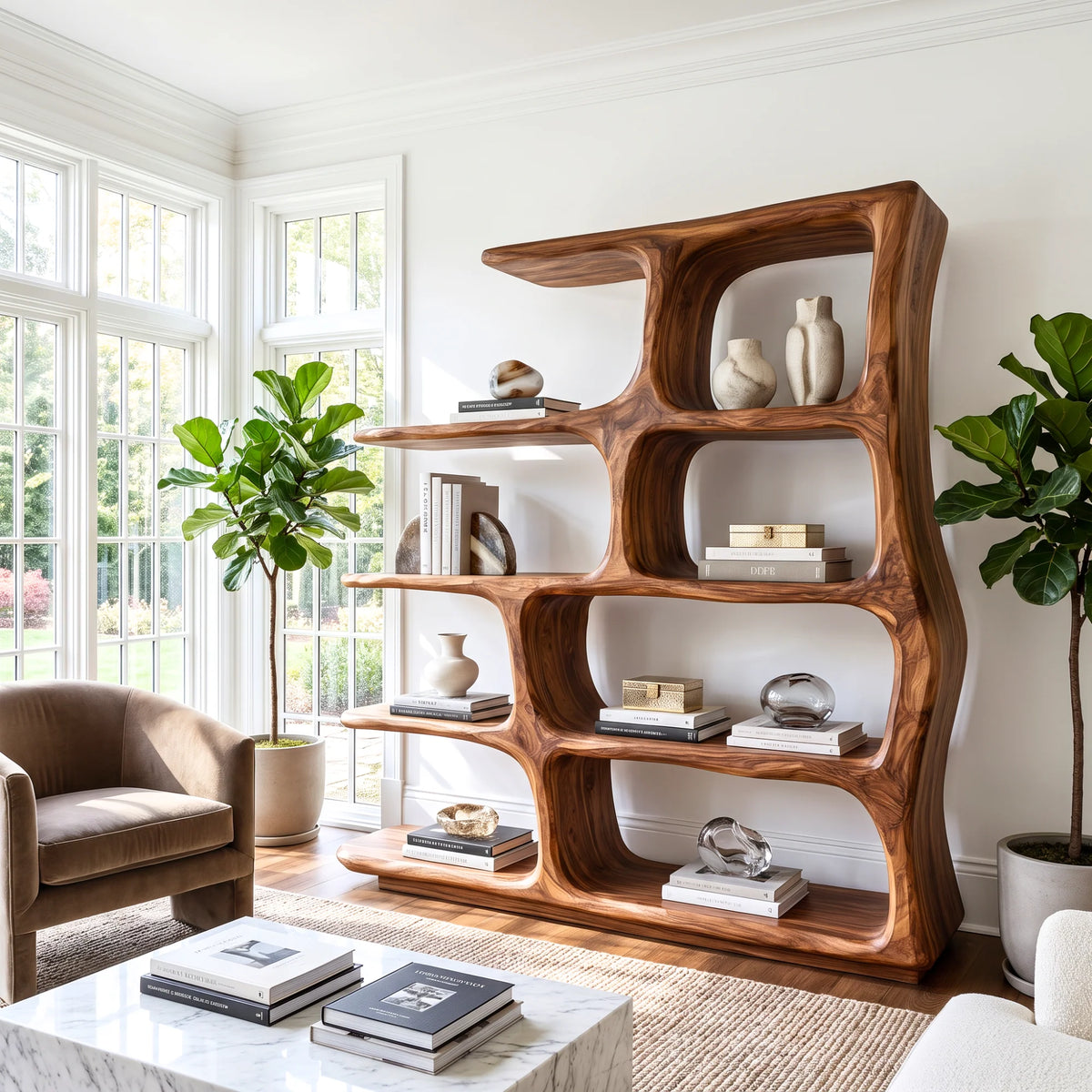 Freeform Elegance – Solid Wood Bookcase with Rounded Open Shelves and Sculptural Frame
