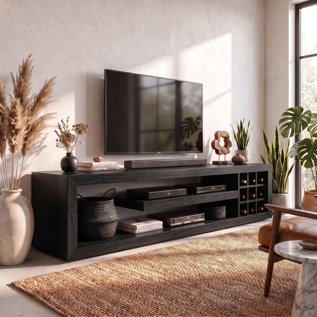 Solid Wood TV Console with Open Media Shelves and Side Storage Cubbies
