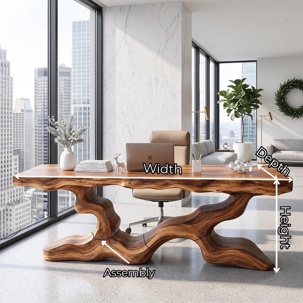 Live Edge Solid Wood Executive Desk with Branch Base