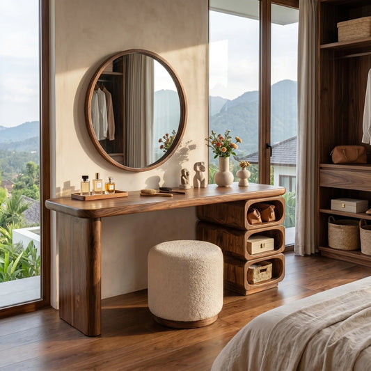 Modern Solid Wood Vanity Table with Rounded Open Shelf and Panel Legs