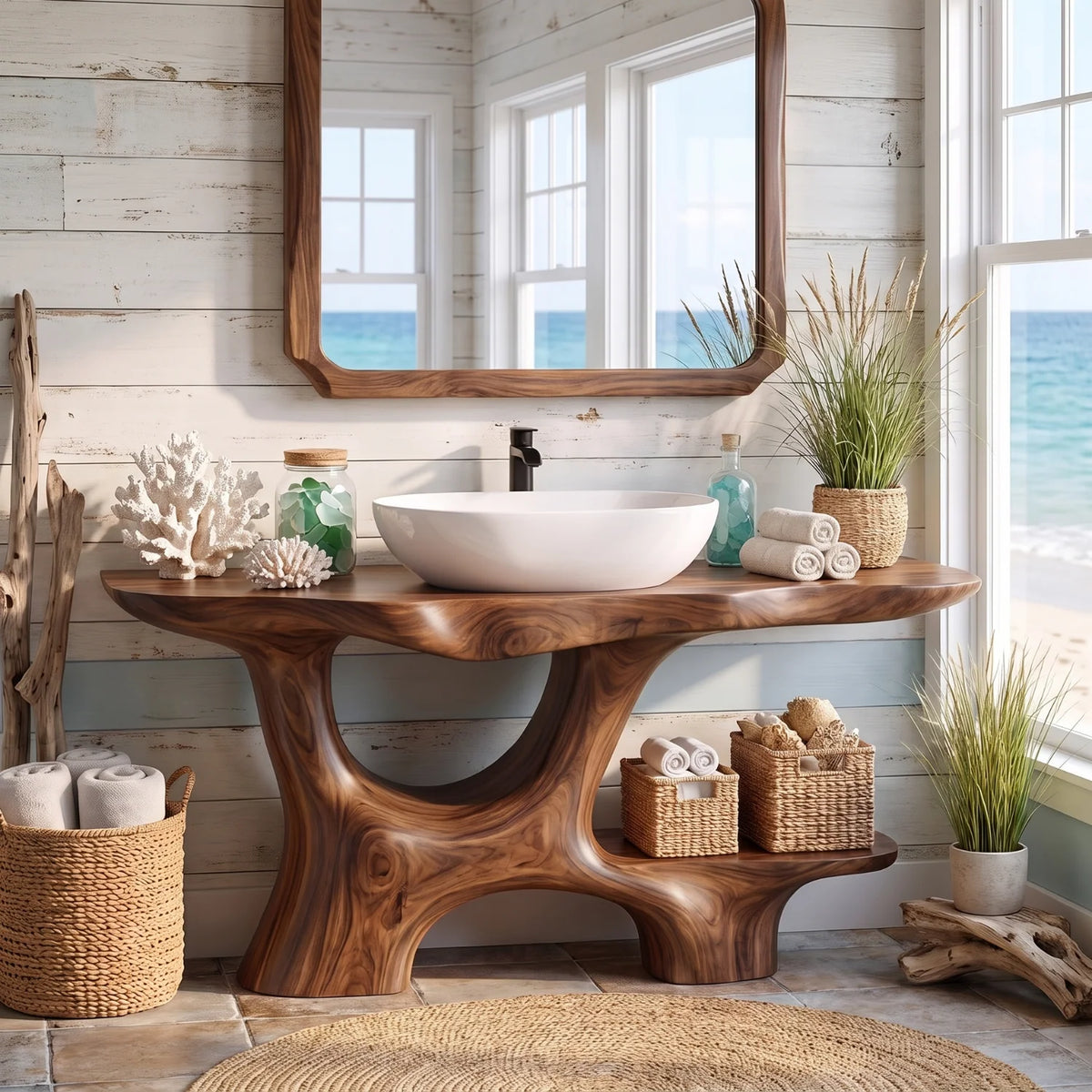 Solid Wood Bathroom Vanity with Open Arch Base and Side Shelf Storage